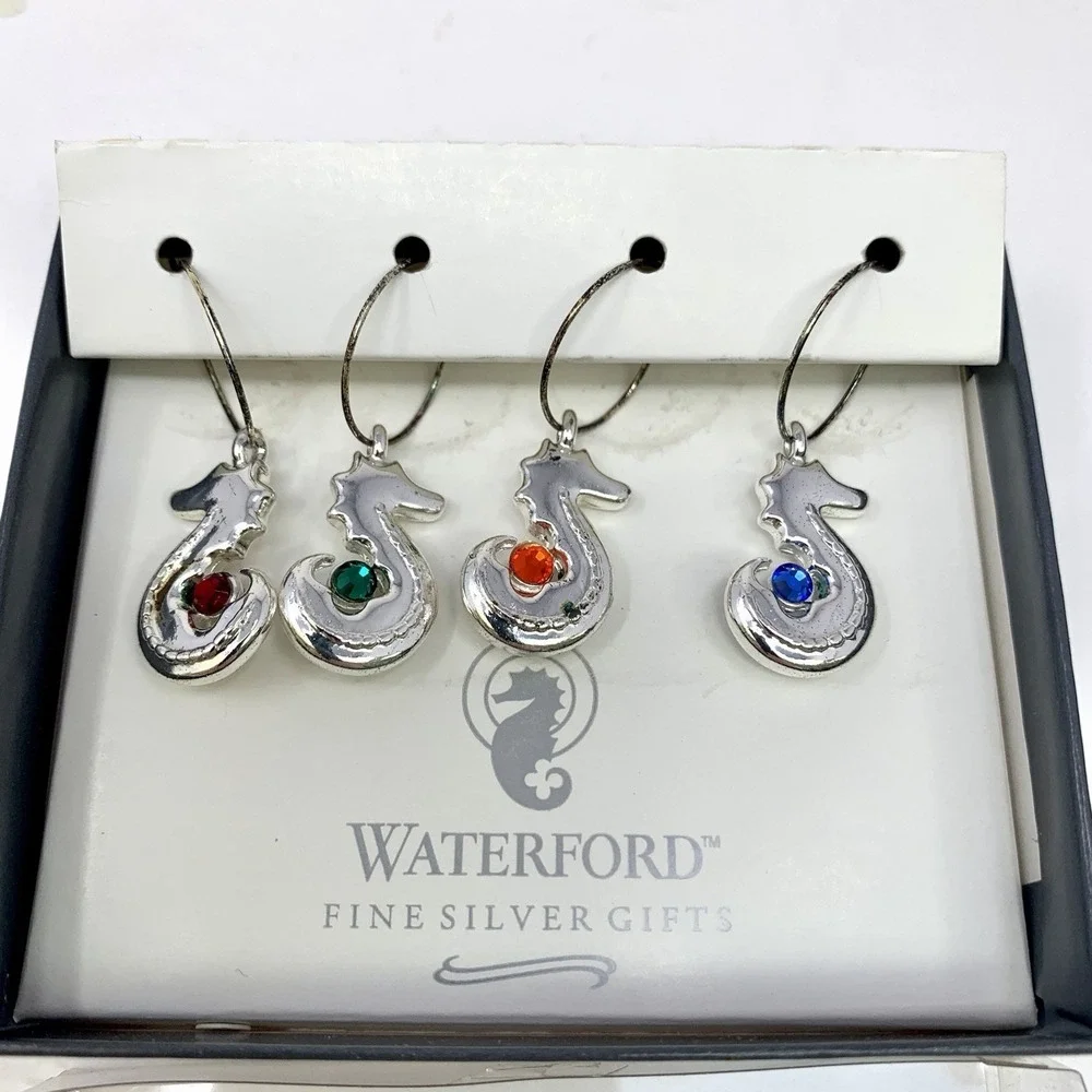 2 Sets of WATERFORD Fine Silver Gifts Seahorse Wine Charms - Sea Horse 2002